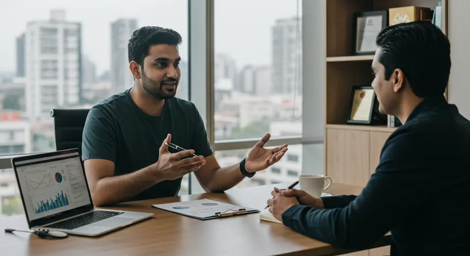 Business meeting: Two professionals analyze charts and data in modern office.