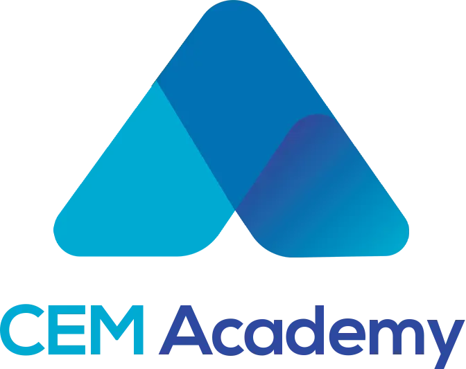 CEM Academy logo featuring a modern geometric design with blue and purple gradients.