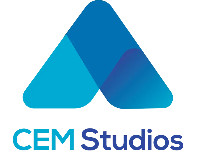 CEM Studios logo featuring a modern geometric design with blue and purple gradients, representing digital marketing and innovation.