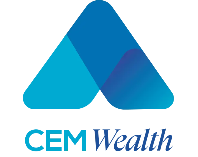 CEM Wealth logo featuring a geometric design with blue and purple gradients, symbolizing investment and financial growth.